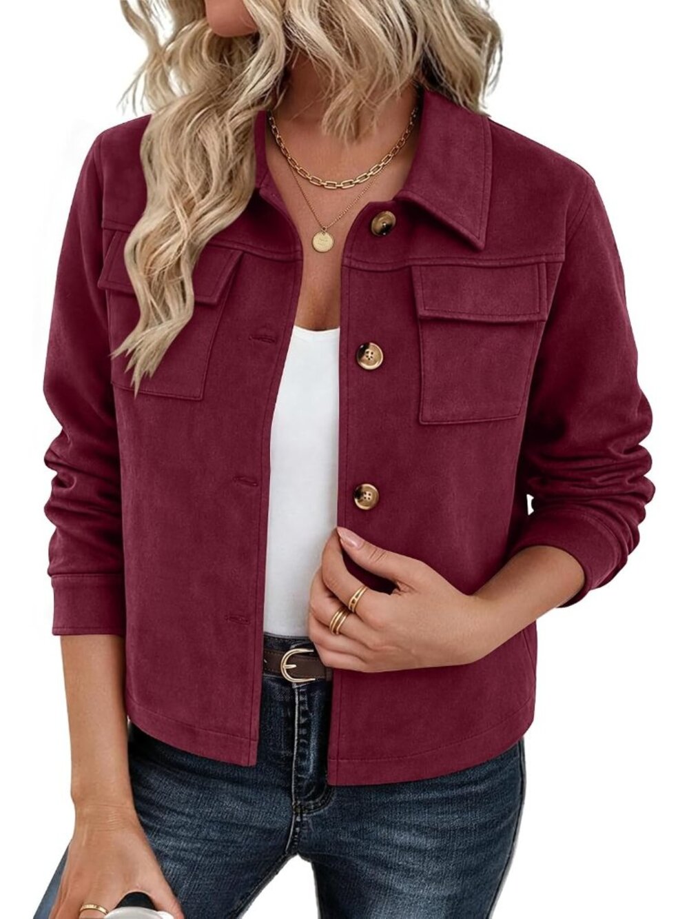 Women's Burgundy Faux Suede Button Down Collared Shackets Coat Cropped Jacket